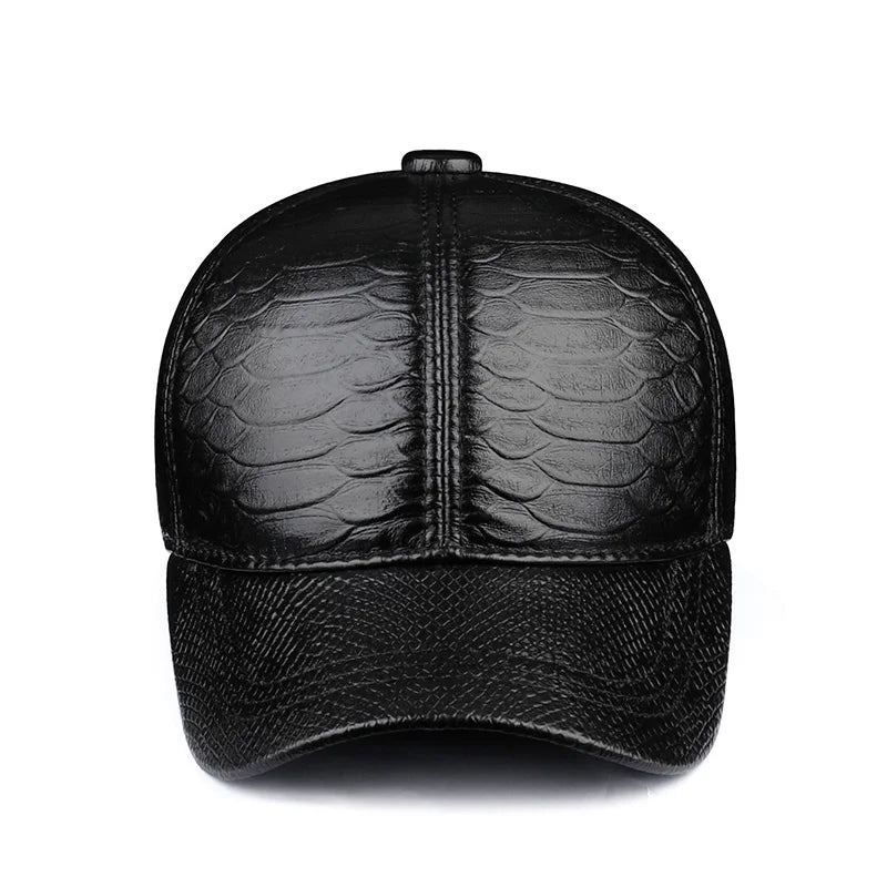 Spring Autumn Genuine Leather Snake Pattern Baseball Cap Adjustable Off White Peaked