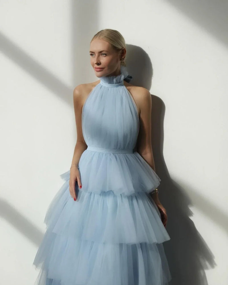 Elegant Women Dress Ruffles Tulle Layered Halter Ball Gown