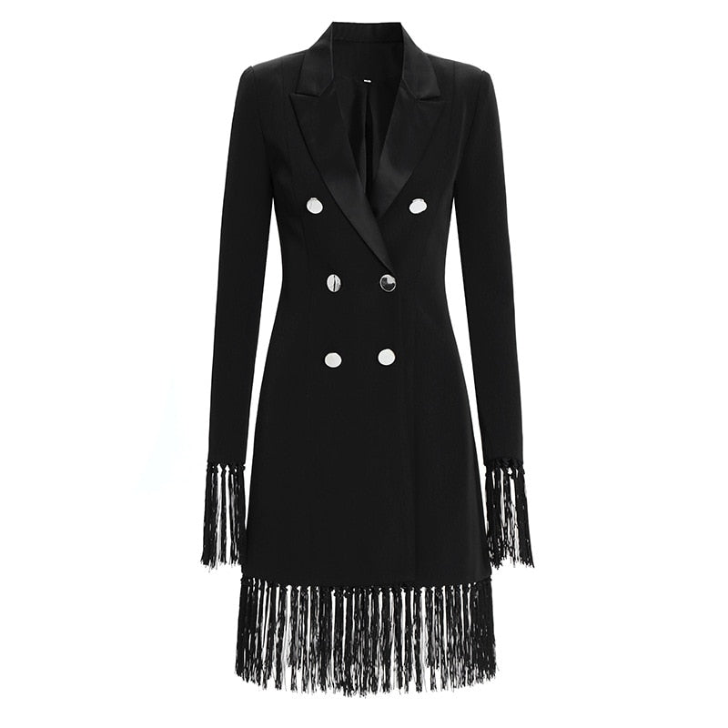 Women Dress Retro Temperament Notched Double Breasted Tassel Stitched High Waist Solid Black Suit Dresses Autumn