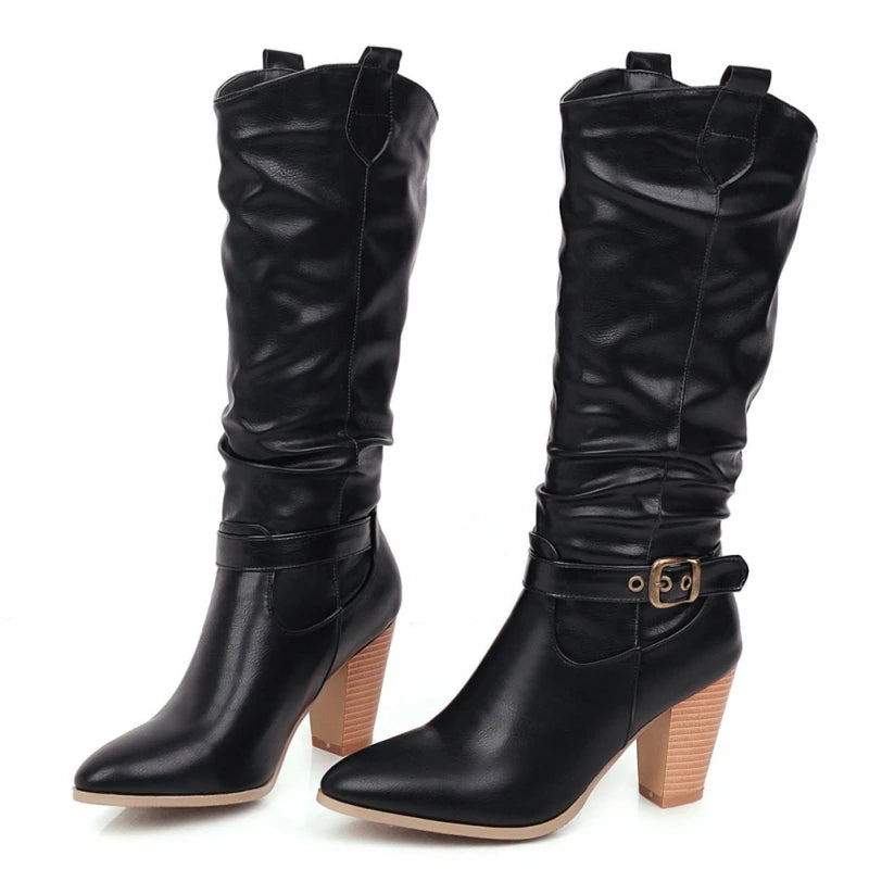 Pleated Woman's High Boots Shoes Knee High Boots Autumn Winter Heels Long Shoes Lady