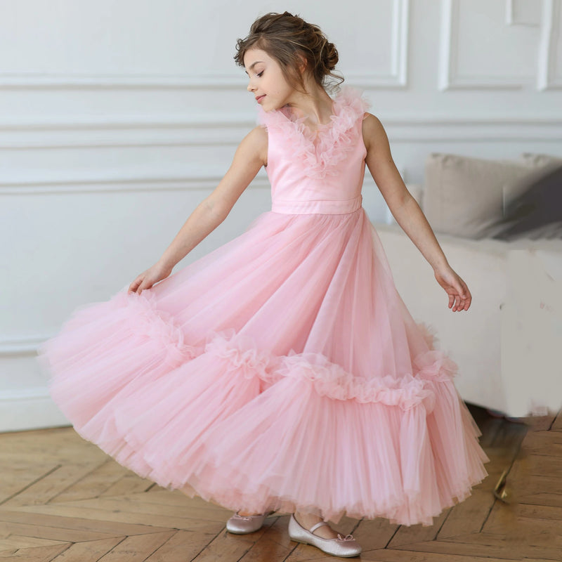 Elegant Girls Big Bow Dresses Fluffy Pink Tulle Birthday Ceremony Prom