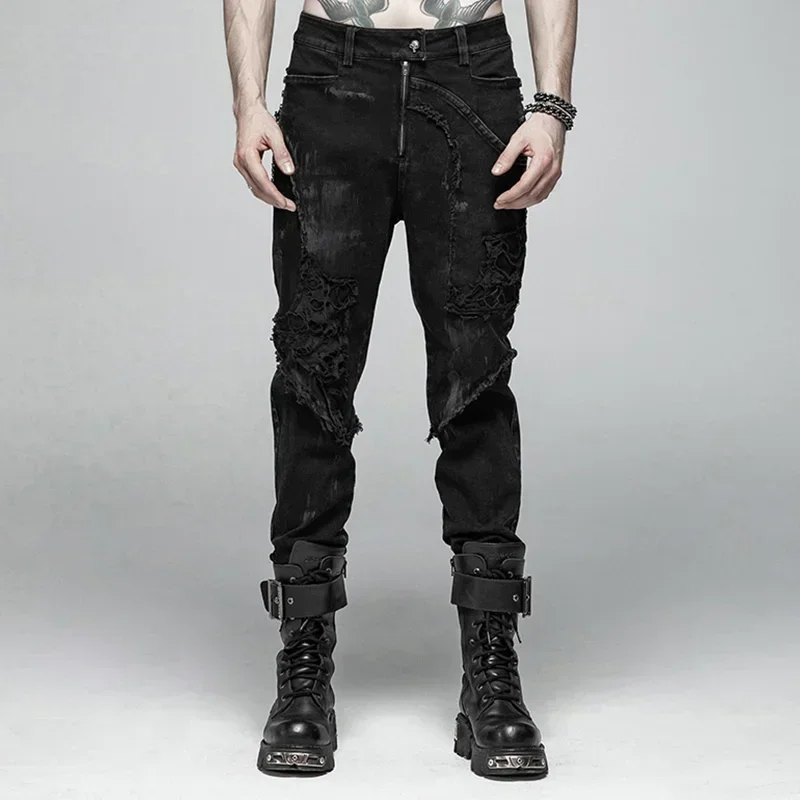 Men's Punk Rock Broken Gothic Casual Male Motocycle Denim Pants