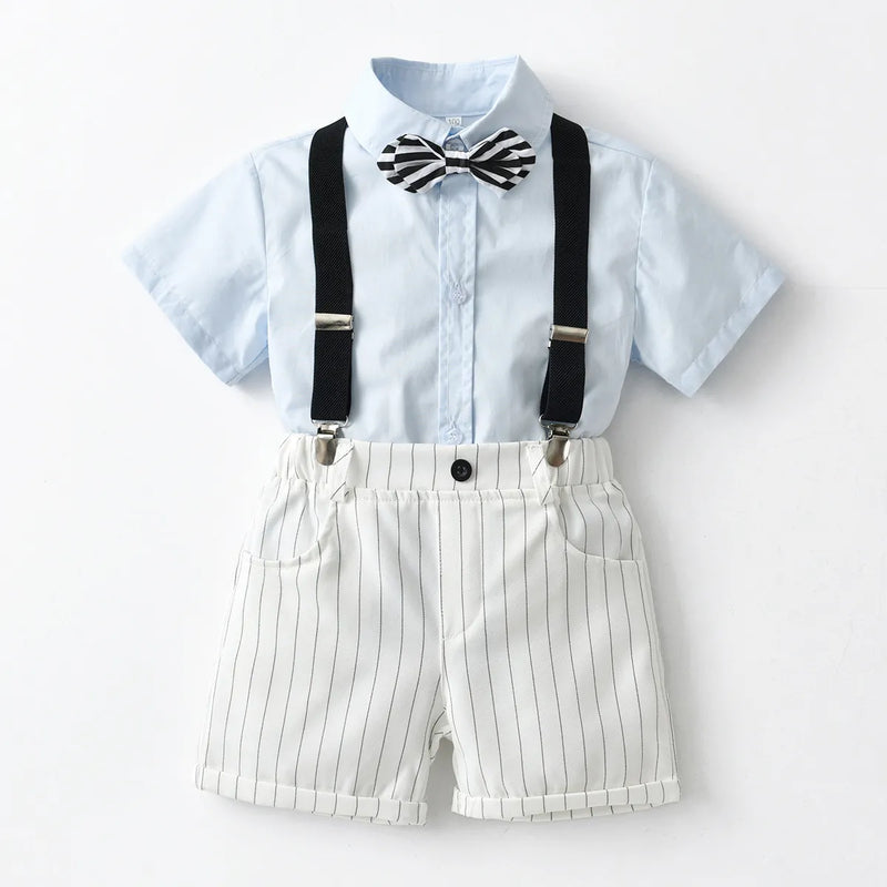 Toddler Boys Clothes Light Blue T-Shirt White Striped Shorts Boy Ceremony Suits Birthday Outfit Kids Boys Clothing