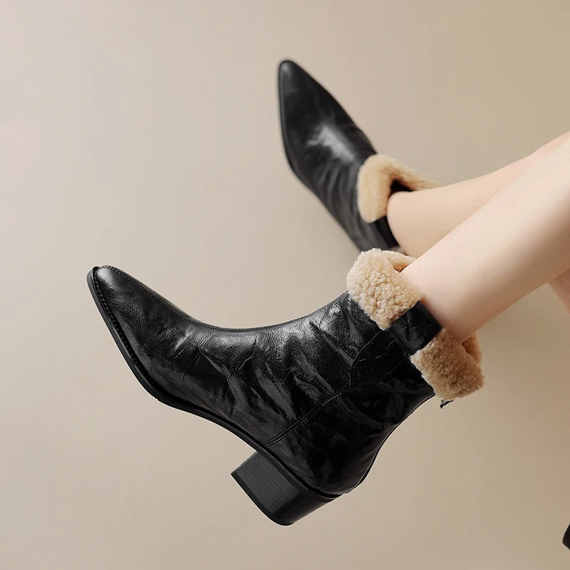 Women Ankle Boots Square Toe Short Boots Genuine leather Autumn Winter Wool Shoes