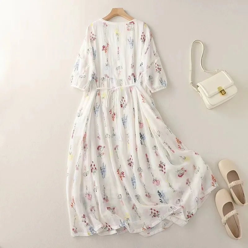 Elegant White Dress Summer Women Floral Embroidered Party Dresses Batwing Sleeve Holiday Beach Sundress