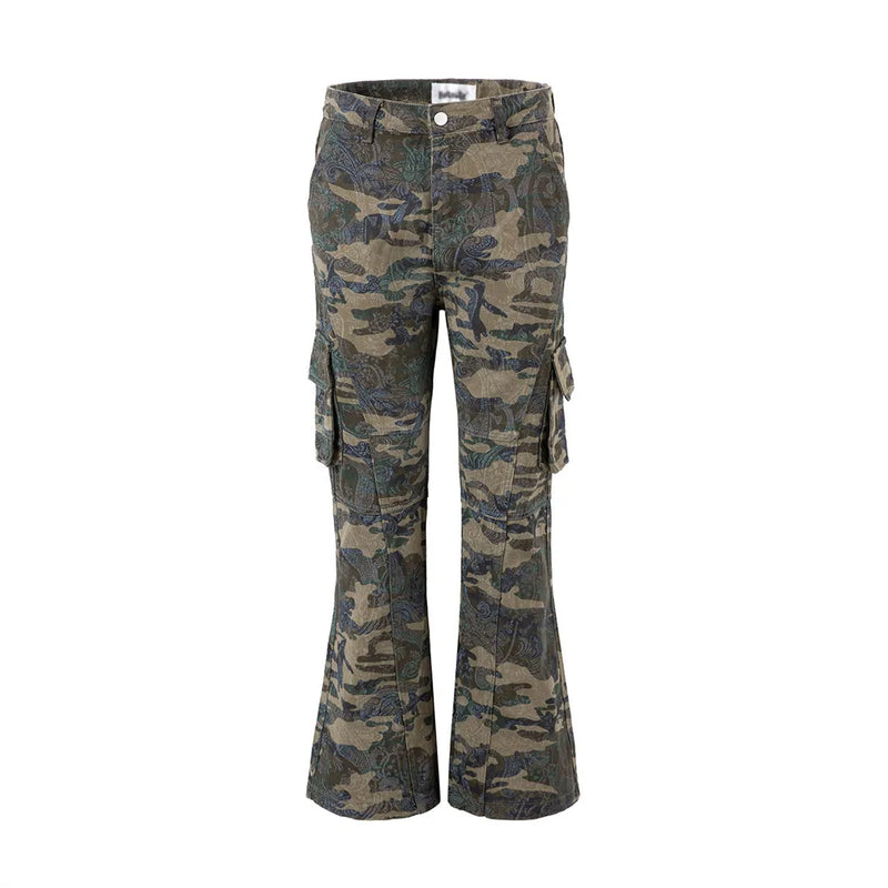 Camouflage Cargo Pants Men Pocket Spliced Safari Loose Flare Pants Men Trousers