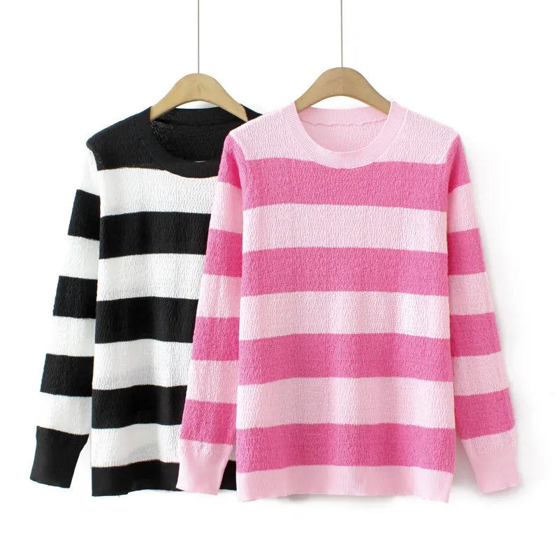 Basic Sweater Women Spring O-Neck Stripe Jumpers Long Sleeve Knit Pullover Oversized Curve Clothes