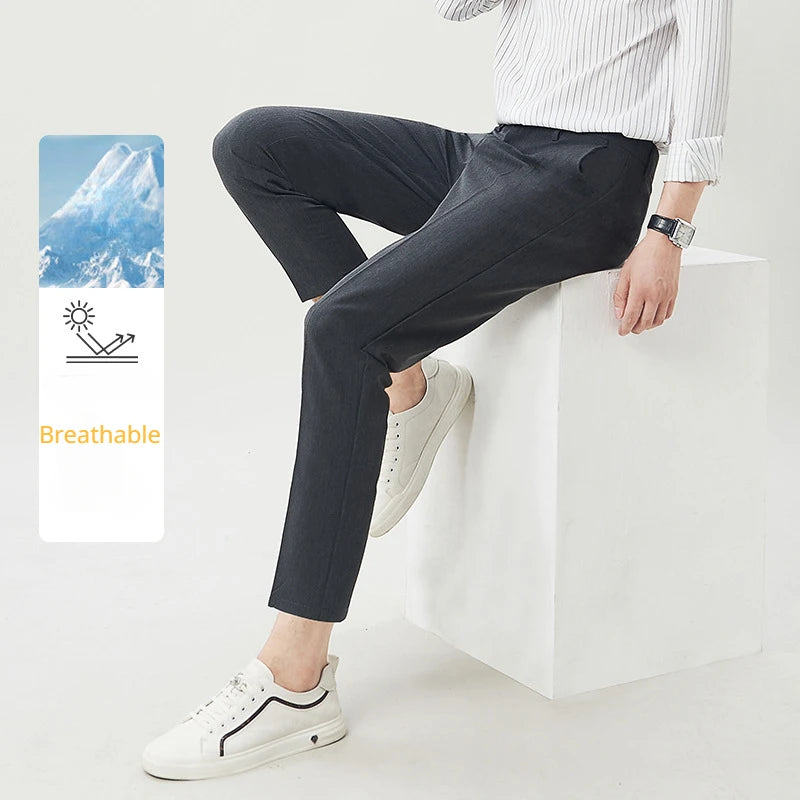 Men Slim Fit Cropped Trousers Male Solid Comfortable Breathable Straight Pants