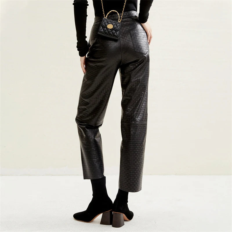 Women Leather Trousers Winter Female Chic Embossed Straight Pencil Pants Streetwear