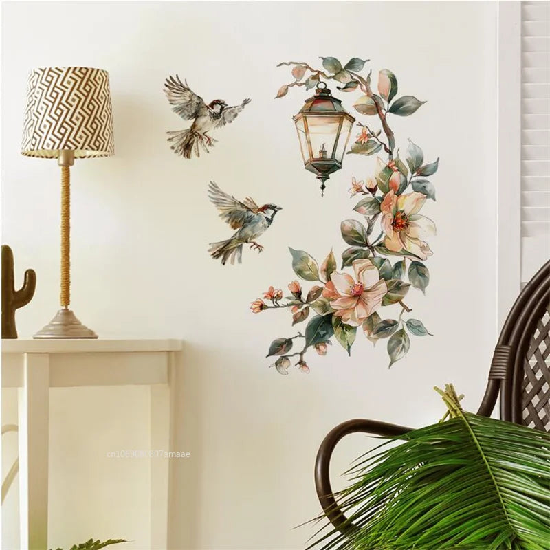 Flower Pendant Lamp Bird Wall Sticker for Bedroom Entrance Home Background Decor Wall Art