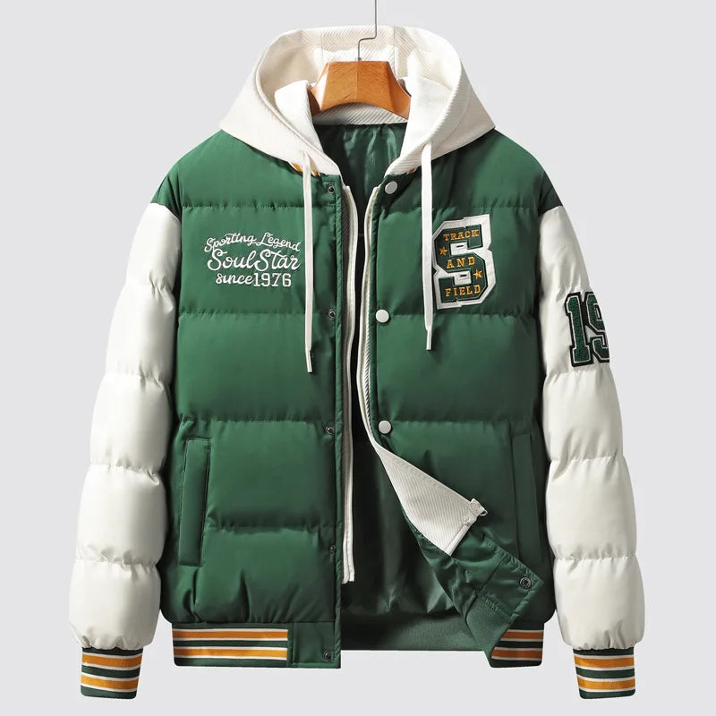 Winter Warm Cotton-padded  Varsity Jacket Thickened American Street Hooded Cotton-padded Jacket Men