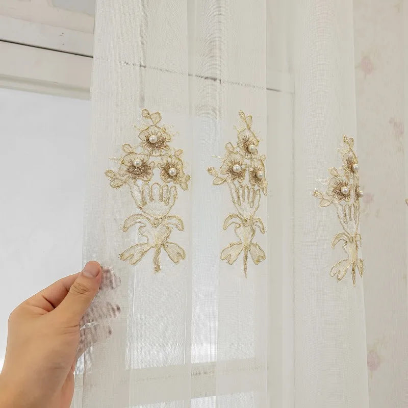 Beads Flowers European Embroidery Gauze Curtains Transparent Curtains for Living Dining Room Bedroom Windows Balcony Customize