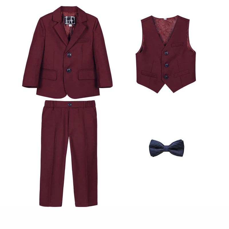 Child Autumn Formal Wine Red Suit Set Kids Performance Host Wedding Party Photography Costume Kids Blazer Vest Pants Bowtie