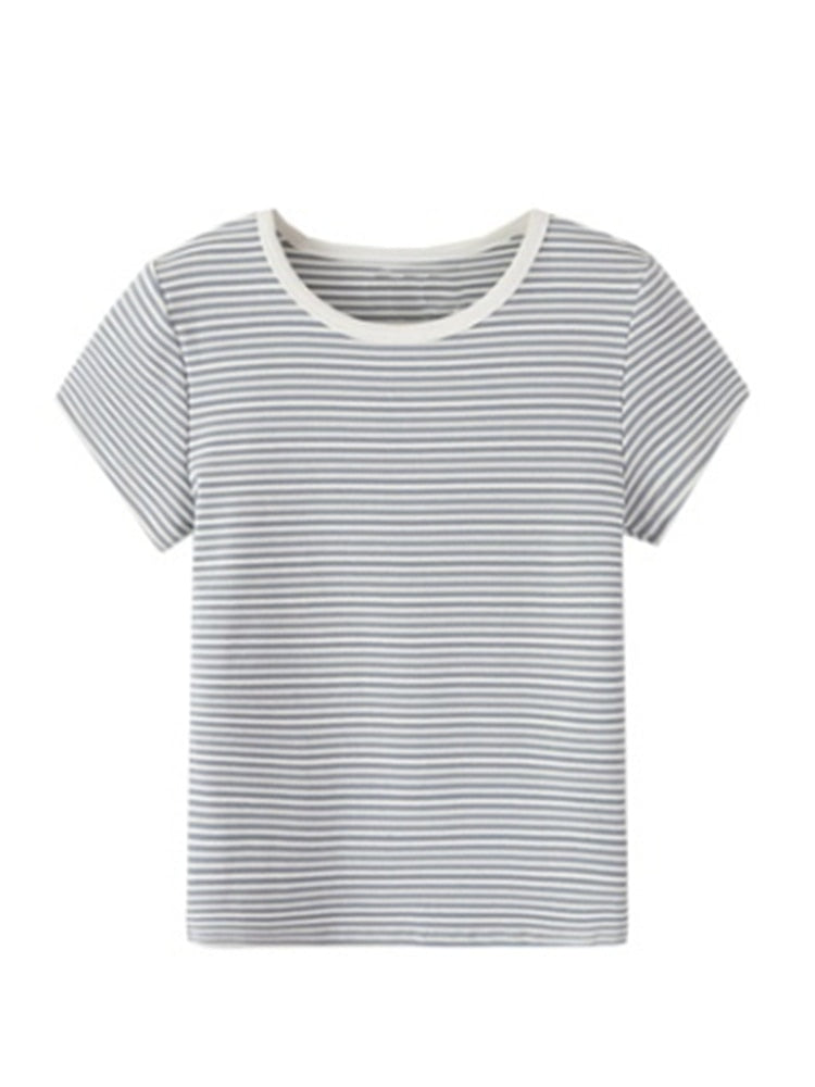 Retro Slim Striped Tees Summer Ladies Casual Female Knitted Short Sleeves Top