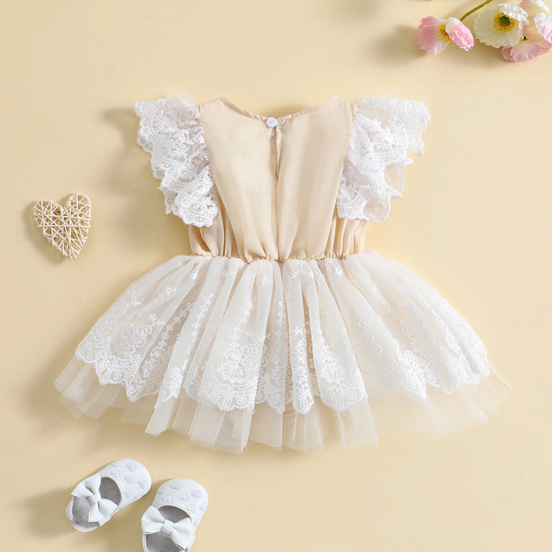 Summer Infant Baby Girls Bodysuit Fly Sleeve Flower Lace Tulle Patchwork Dress Clothes