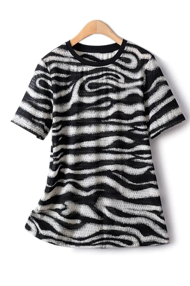 Woman Blouse Zebra Pattern Cool Hollow Straight Stretch Chiffon Summer Women T-shirts