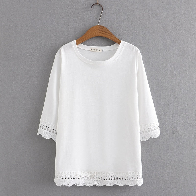 Women Spring O-Neck Tees Sweet Lace 3/4 Sleeve Bottoming Tops Oversized Curve Clothes