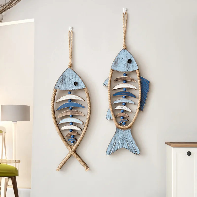 Mediterranean Wood Fish Pendant Hanging Wall Decoration Living Room Ocean Beach Bar Wall Decor