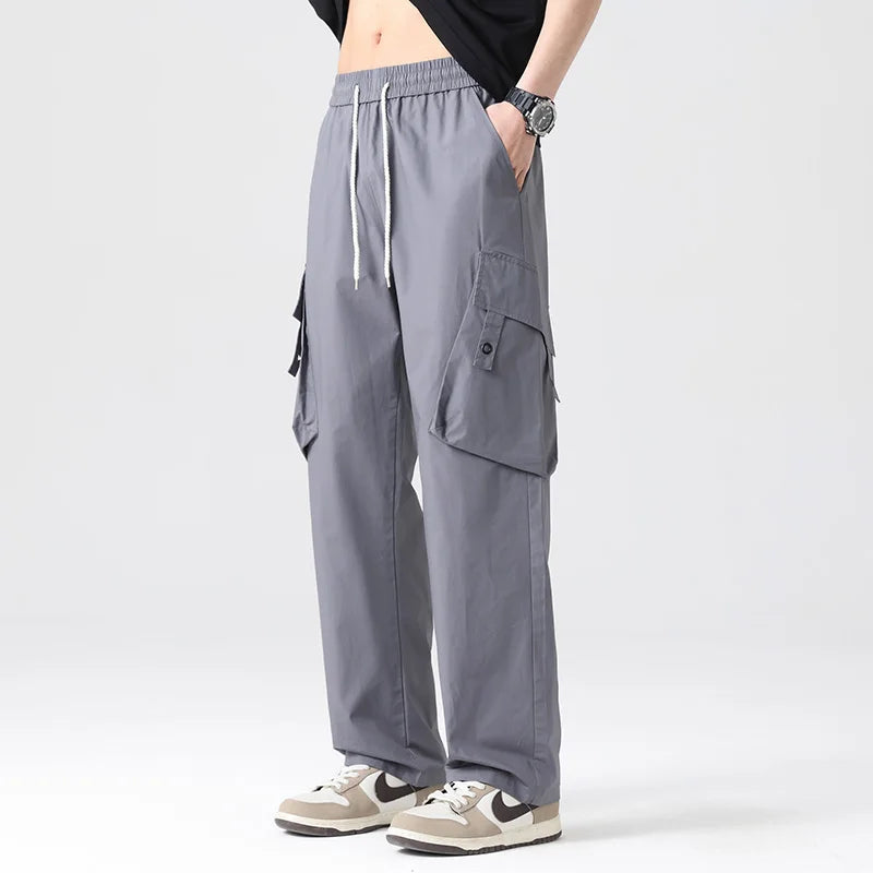 Men Cargo Pants Loose Casual Pants Straight Slanted Pocket Pants