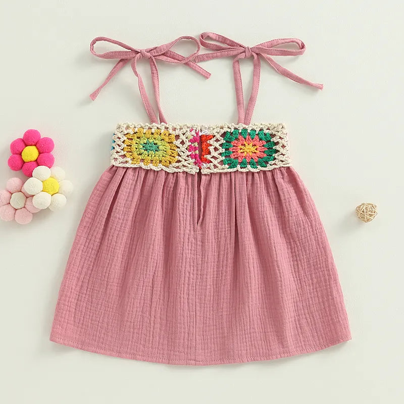 Kids Girls Dress Crochet Embroidery Sleeveless Tie-Up Spaghetti Strap Cami Dress Summer Casual Clothes Princess Dress