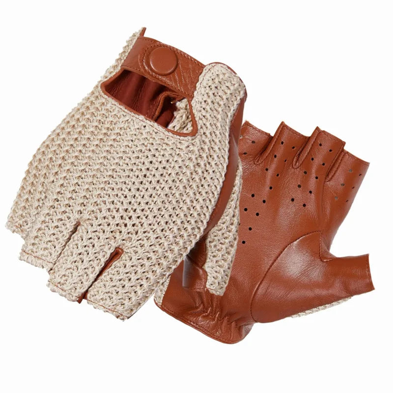 Men Gloves motorcycle locomotive Half Finger Gloves Knitted Leather Thin Unlined Knitting Mittens