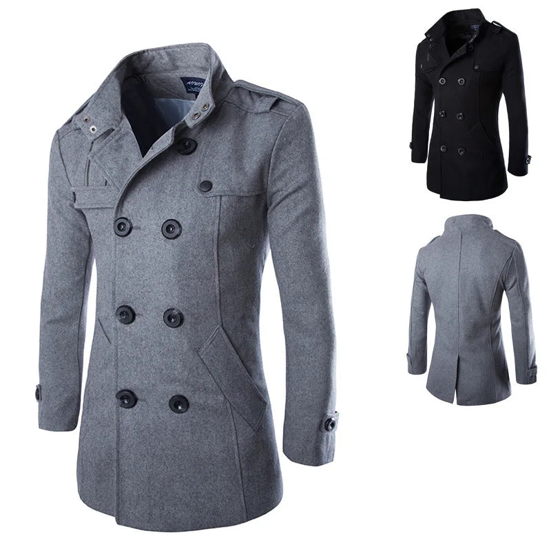 Men Double-breasted Trench Coats Men Blends Winter Jackets Warm Coat Male Mid -length Business Casual Jacket