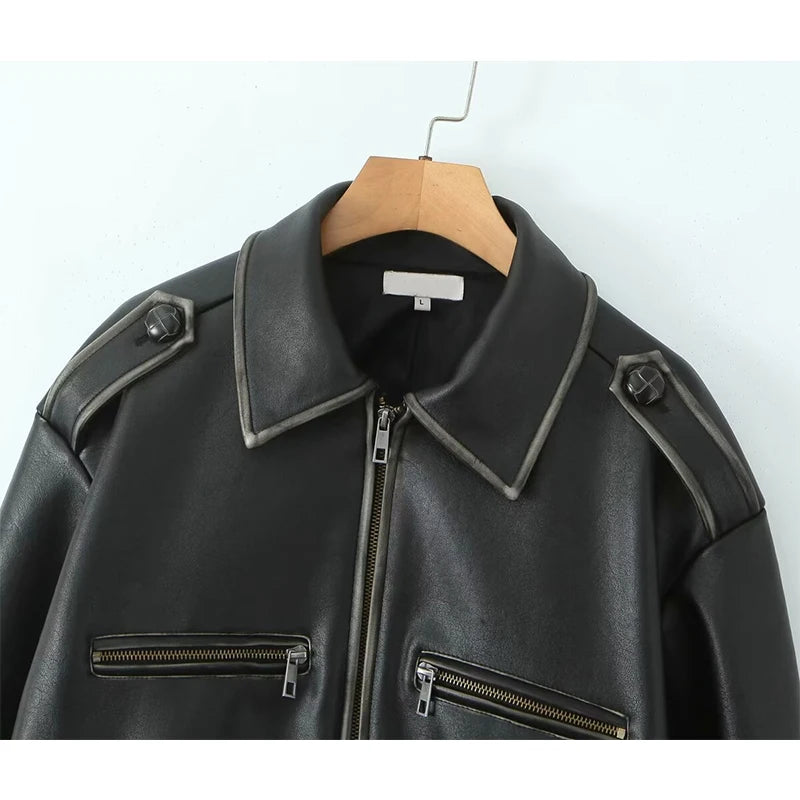 Autumn Winter Women Motorcycle Jacket Lapel Collar Female Zipper Outerwear Biker Coat