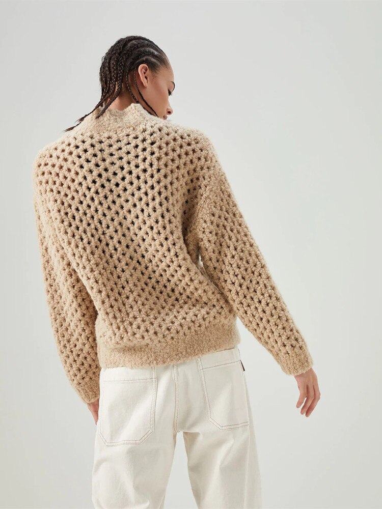 Women Argyle Holllow Out Crochet Knit Sweater Zipper Stand Collar Wool Blend Cardigan Fall Female Long Sleeve Sweater Coat