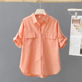 Summer Short Sleeve Cotton Shirt Women Casual Tops Solid Loose Fashion Blouse Elegant Pocket Office Lady Shirts Clothing