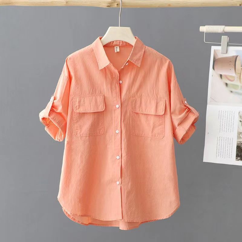 Summer Short Sleeve Cotton Shirt Women Casual Tops Solid Loose Fashion Blouse Elegant Pocket Office Lady Shirts Clothing