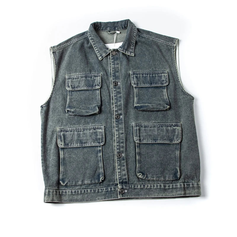 Denim Vest Men Spring Autumn Retro Waistcoat Casual Lapel Top Couple  Vest Jacket