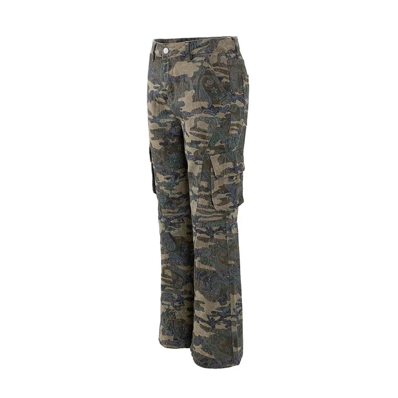 Camouflage Cargo Pants Men Pocket Spliced Safari Loose Flare Pants Men Trousers