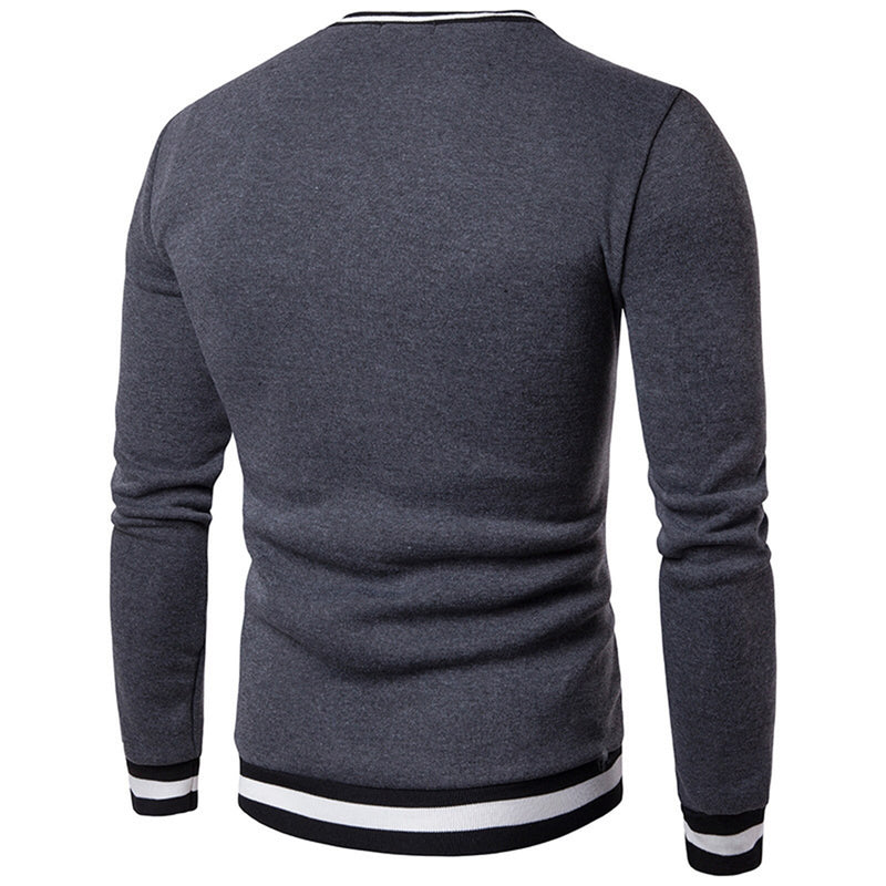 Mens Warm Clothing Contrast Color Striped Hem V Neck Pullover Casual Winter Autumn Sweatshirt Long Sleeve Slim Fit T-shirt