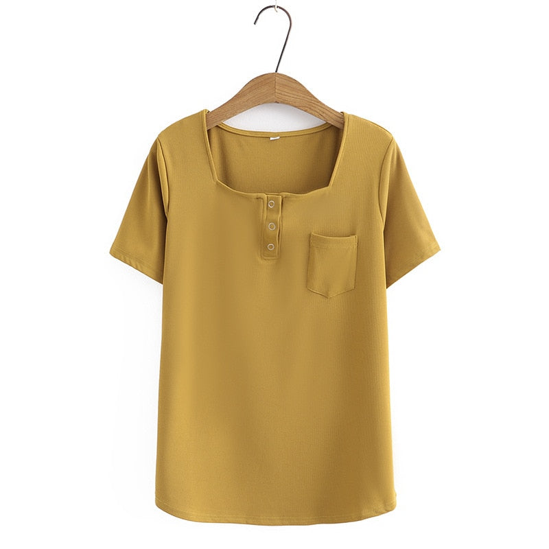 Women Summer Small Pocket With Square Collar Tees Short Sleeve Tops Oversized Curve Clothes