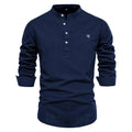 Men Linen Shirt Casual Solid Breathable Top Embroidered Standing Neck Slim Fit Shirt