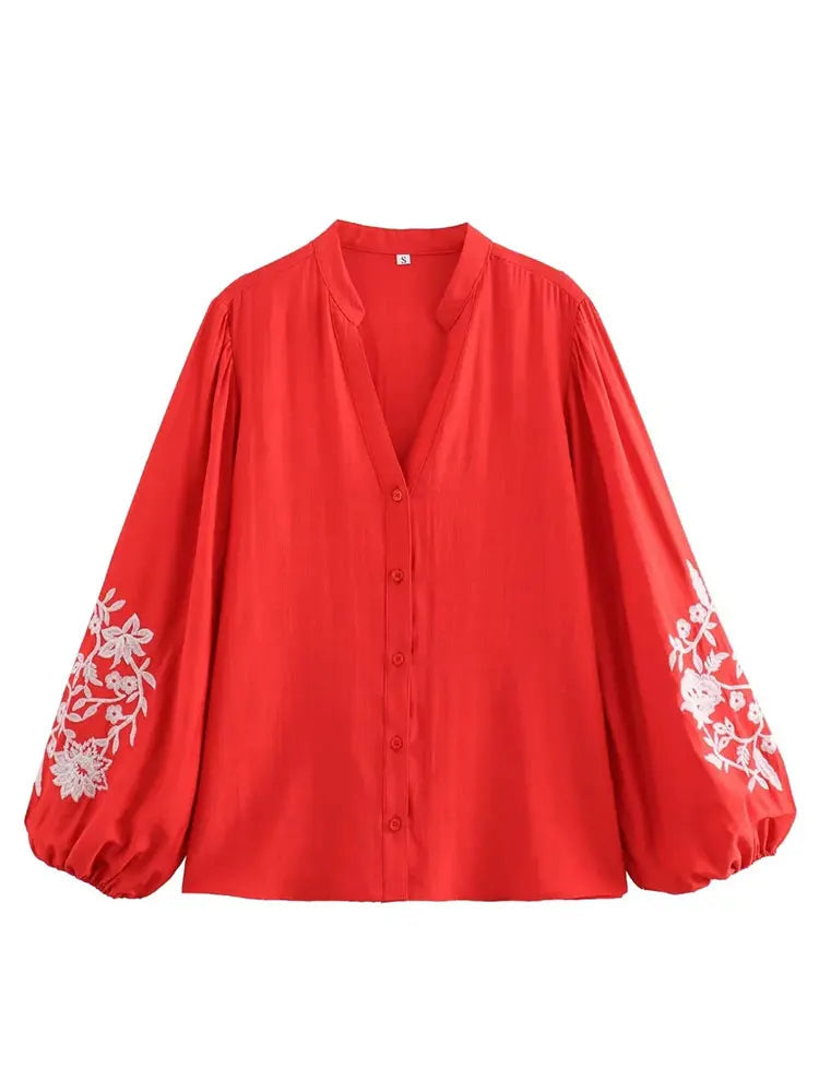 Women Floral Embroidered Blouse Loose Casual Shirt Female Streetwear Red Shirts Top