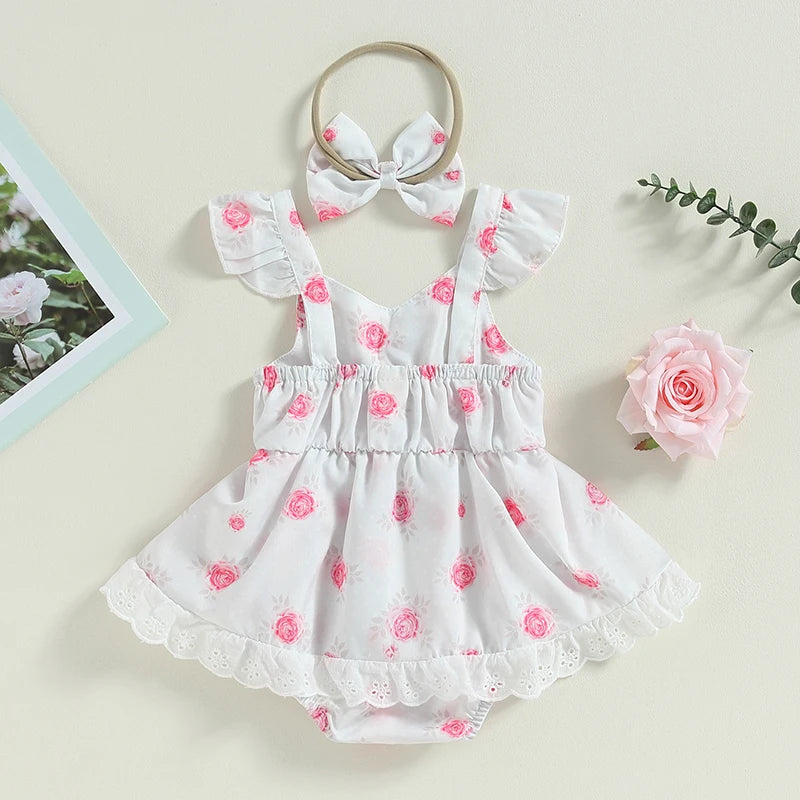 Summer Infant Baby Girls Casual Bodysuit Dress White Flying Sleeve Floral Print Jumpsuit Bow Headband Clothes