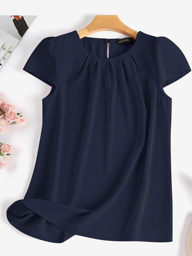 Short Sleeve Blouse Woman Solid O-Neck Buttons Tops Summer Elegant Office Shirt Female Casual Chemise