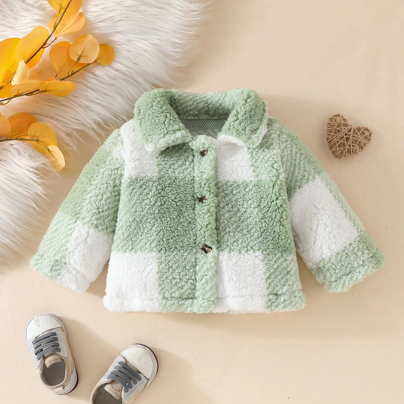 Infant Baby Girls Fall Winter Fuzzy Jacket Lapel Plaid Coat Thicken Warm Outerwear