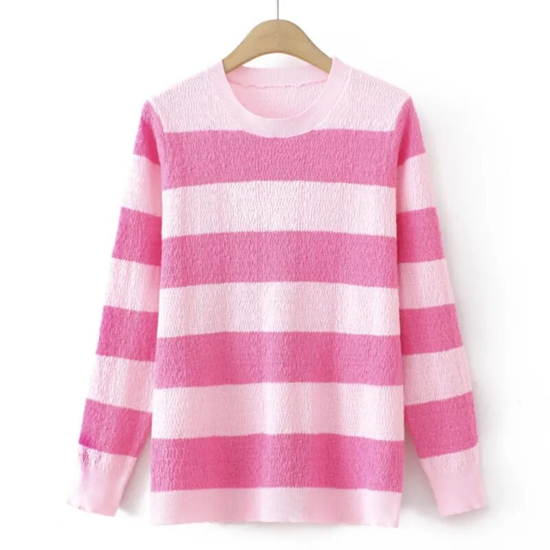 Basic Sweater Women Spring O-Neck Stripe Jumpers Long Sleeve Knit Pullover Oversized Curve Clothes