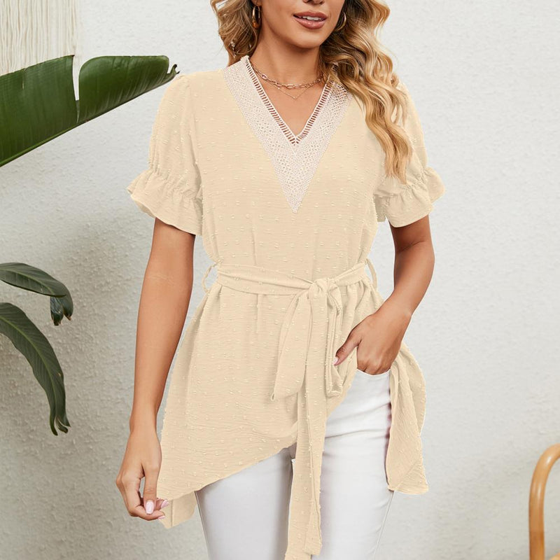 Elegant Women Shirt Lace Stitching Trim Ruffle Short Sleeve Jacquard Irregular Hem Belt Chiffon Blouses Tops Streetwear