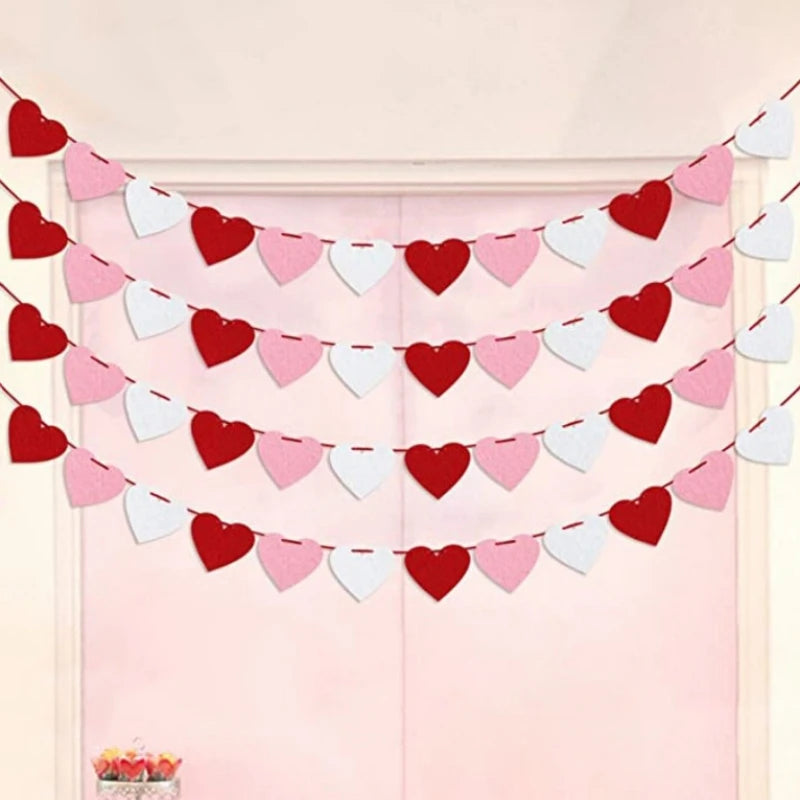 3pcs Red Hearts Felt Garland Banner Pull Flowers Valentine Wedding Birthday Party Decor