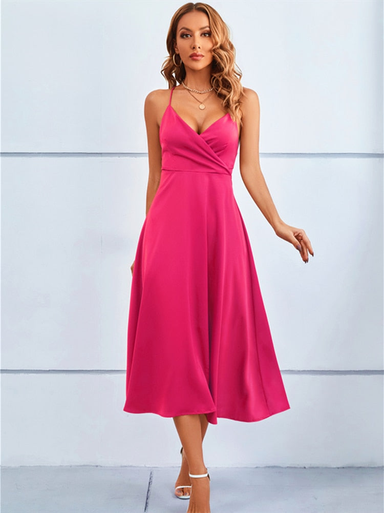 Beach Dress Women Elegant A Line Sexy Satin V Neck Backless Party Dresses Summer Bandage Spaghetti Strap Midi Robe