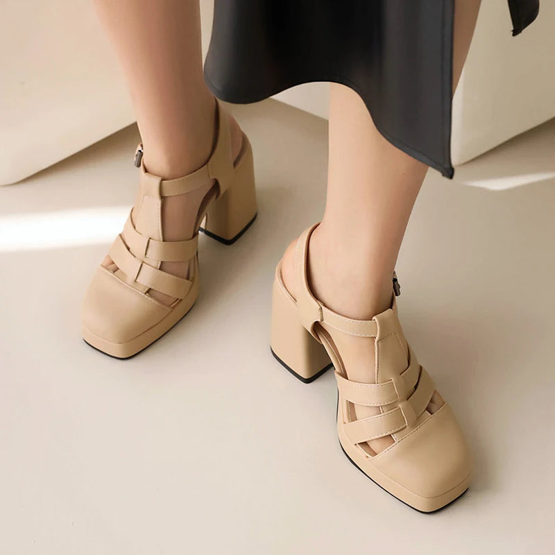 Back Strap Ankle Buckle Breathable Women Sandals High Thick Heel Sandals