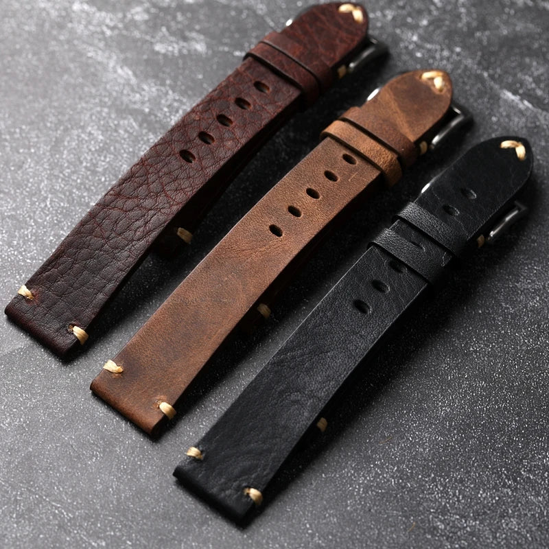 Handmade Genuine Leather Watchband Old Brown Black 18 20 22MM Soft Men's Vintage Bracelet First Layer Leather