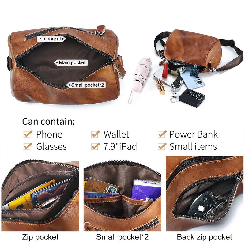 Vintage Real Leather Crossbody Bag for Men Women Cylindrical Shoulder Bag Designer Small Messenger Bag