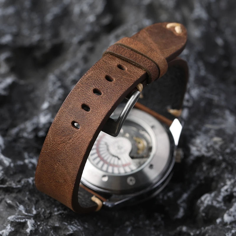 Handmade Genuine Leather Watchband Old Brown Black 18 20 22MM Soft Men's Vintage Bracelet First Layer Leather