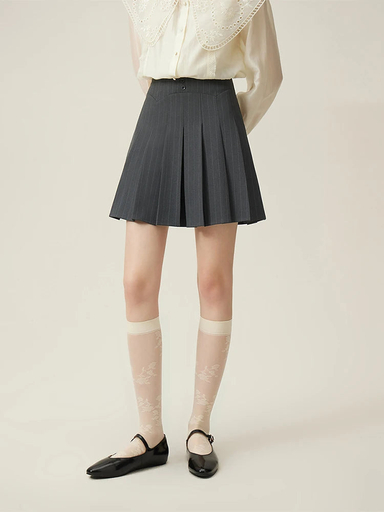 Grey Pleated Skirt for Women Summer High-waist Design Striped A-line Skirt Female