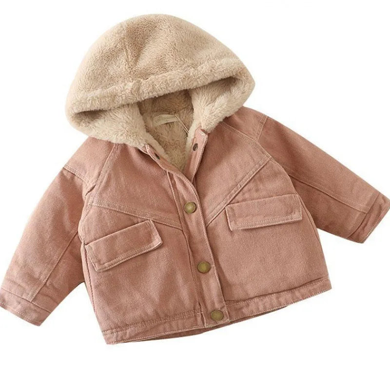 Girls Velvet Denim Coat Autumn Winter Jacket New Children's Thicked Warm Girls Plush Hooded Outerwear