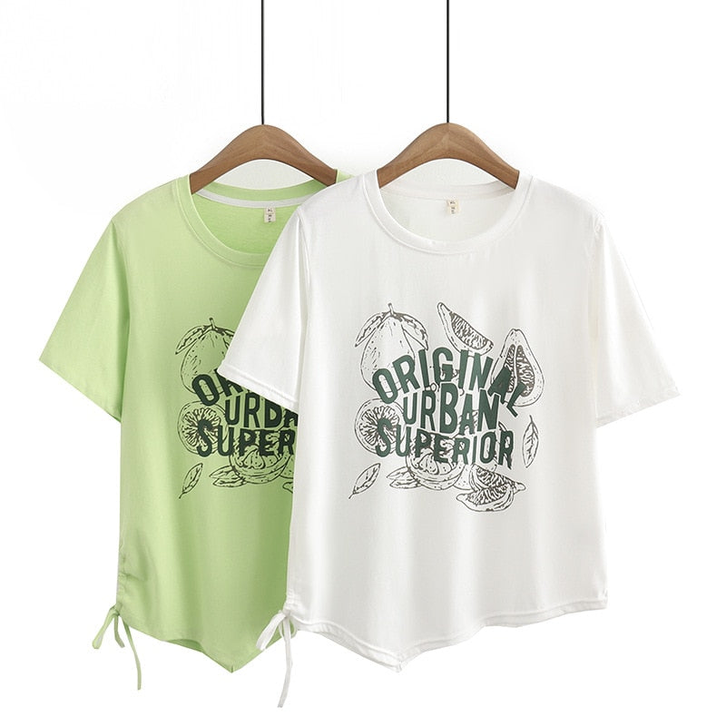 Women T-Shirt Summer Short Sleeve Cotton Drawstring Letter Tops Loose Tees Oversized Curve Clothes